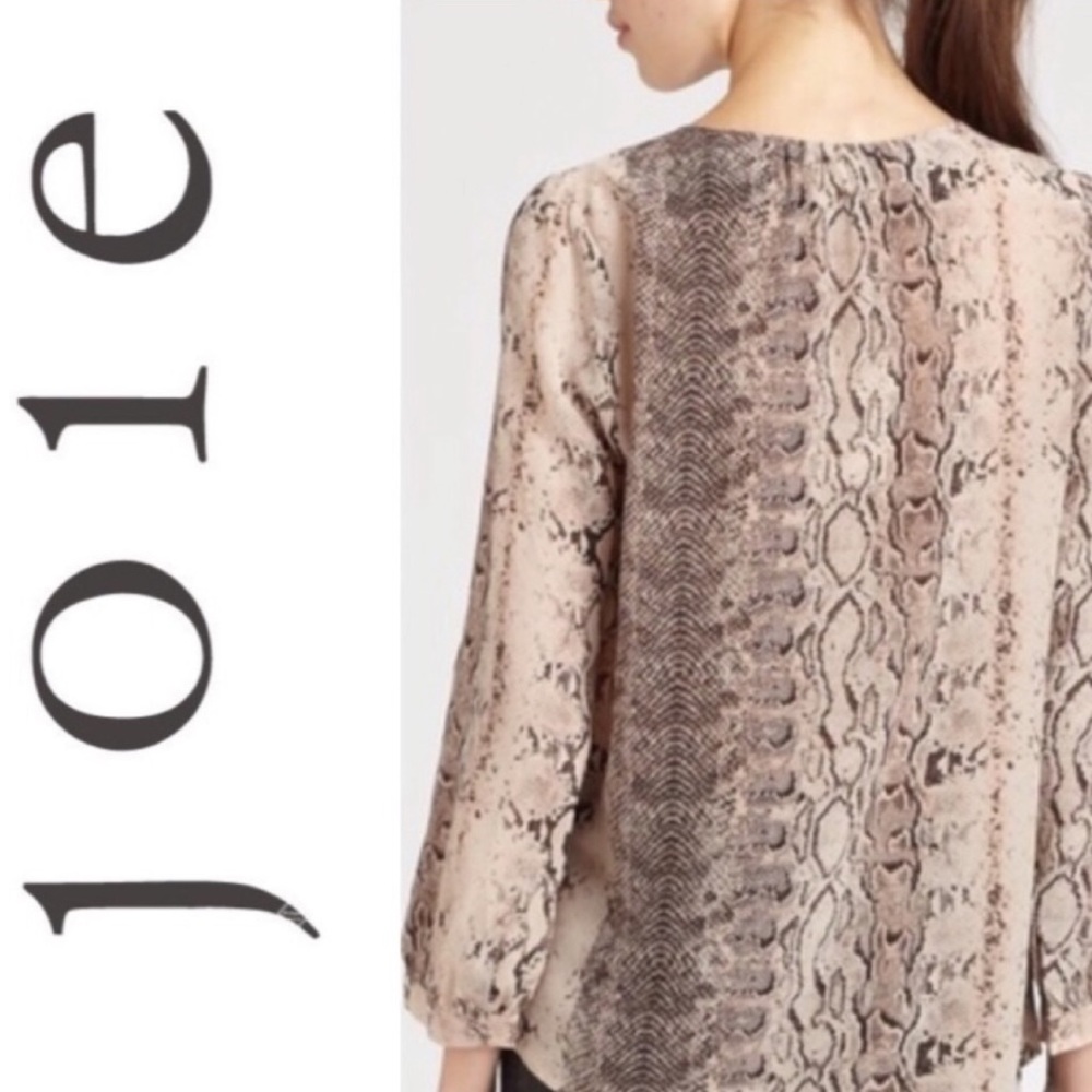 Joie silk beige brown snakeskin 3/4 sleeve button up crew neck blouse S
